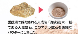 愛媛県で採取される火成岩「流紋岩」の一種である天然鉱石。このマテラ鉱石を微細なパウダーにしました。